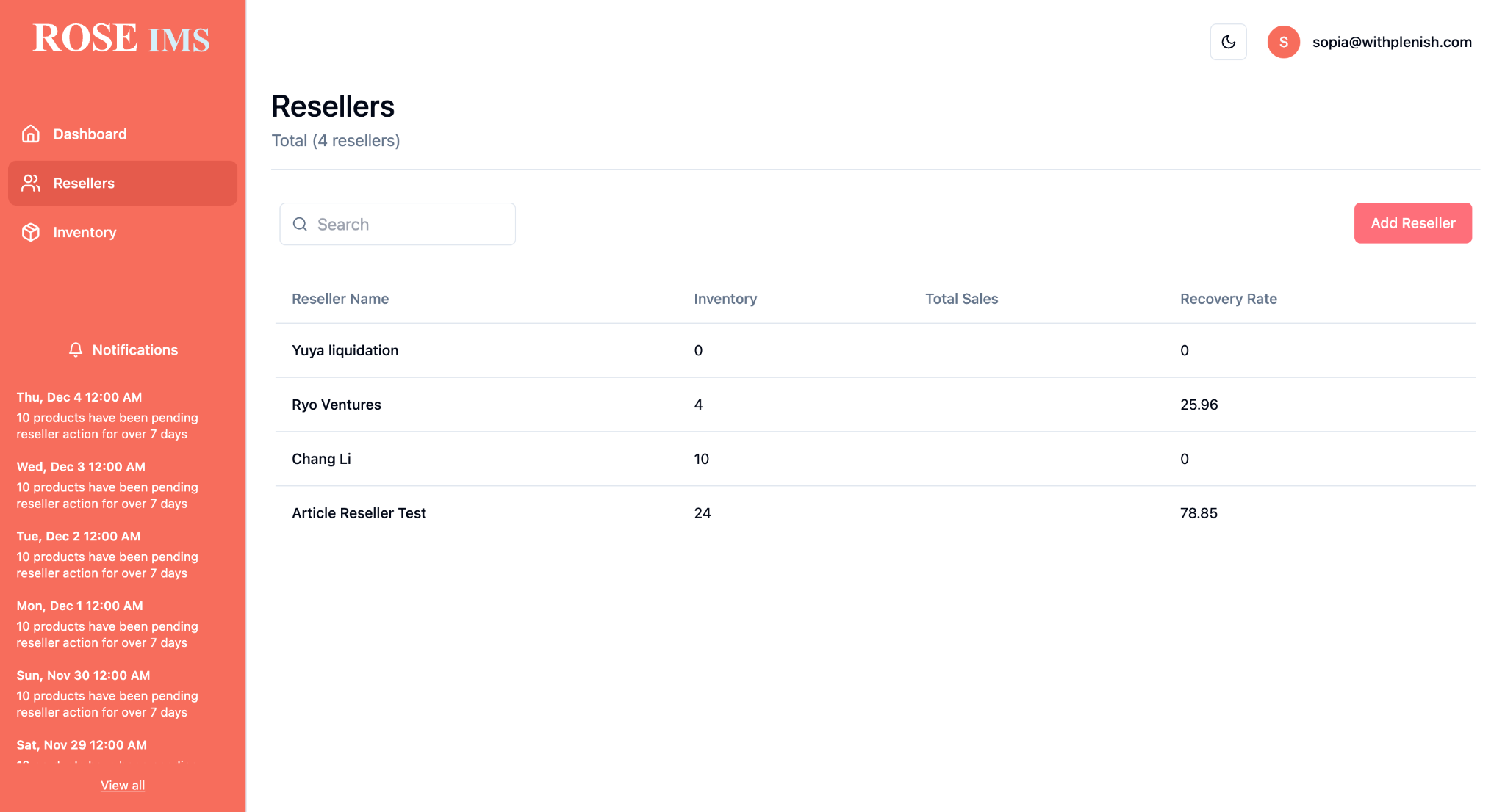Plenish reseller network management — reseller list with inventory counts and recovery rates