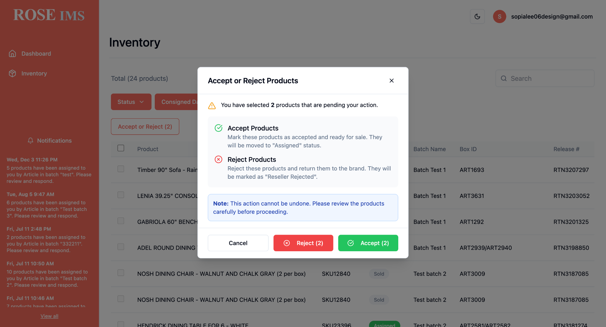 Plenish accept or reject inventory assignment modal