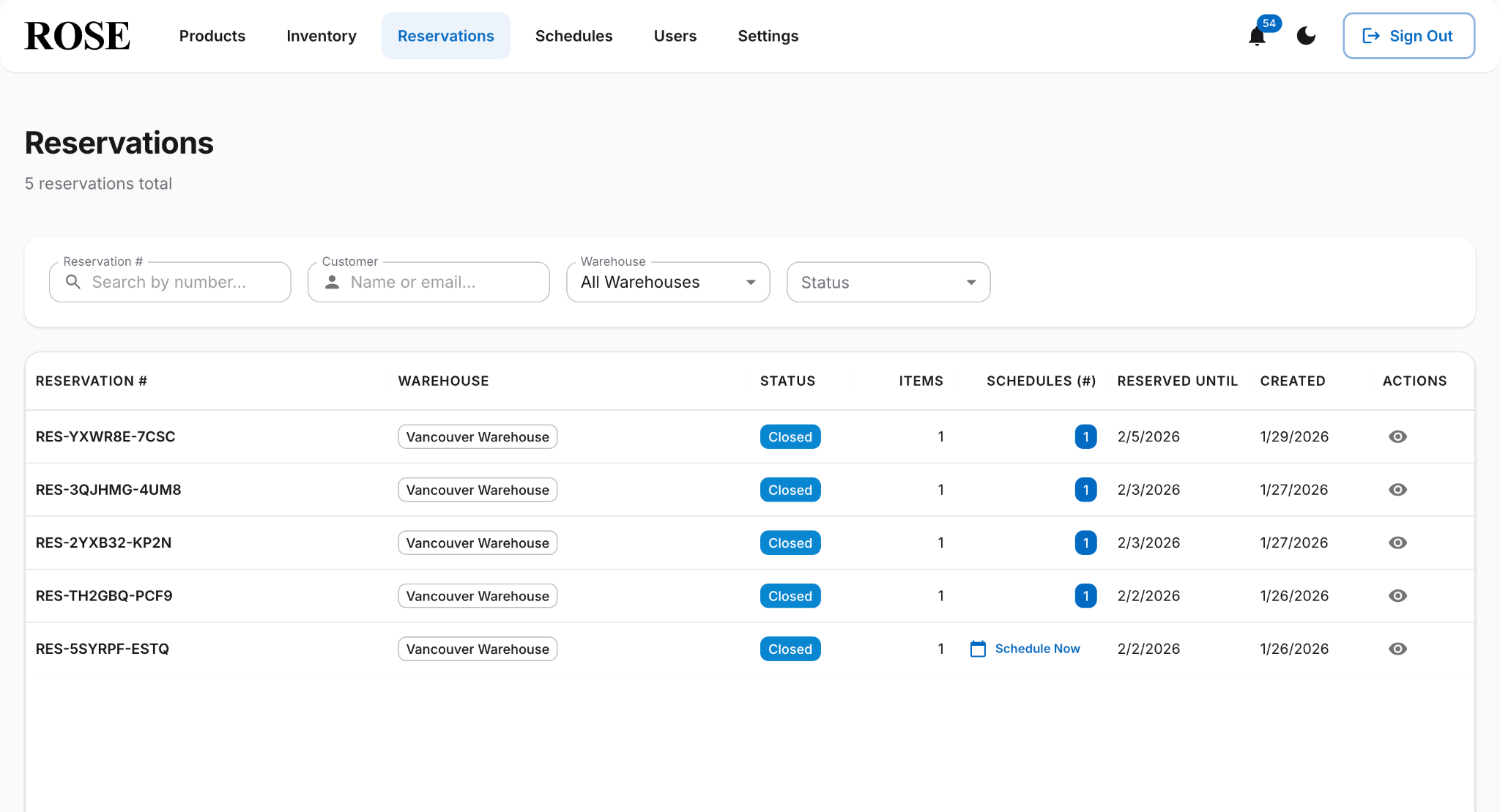 Plenish ROSE Direct — customer reservations list with status, pickup scheduling, and warehouse assignment