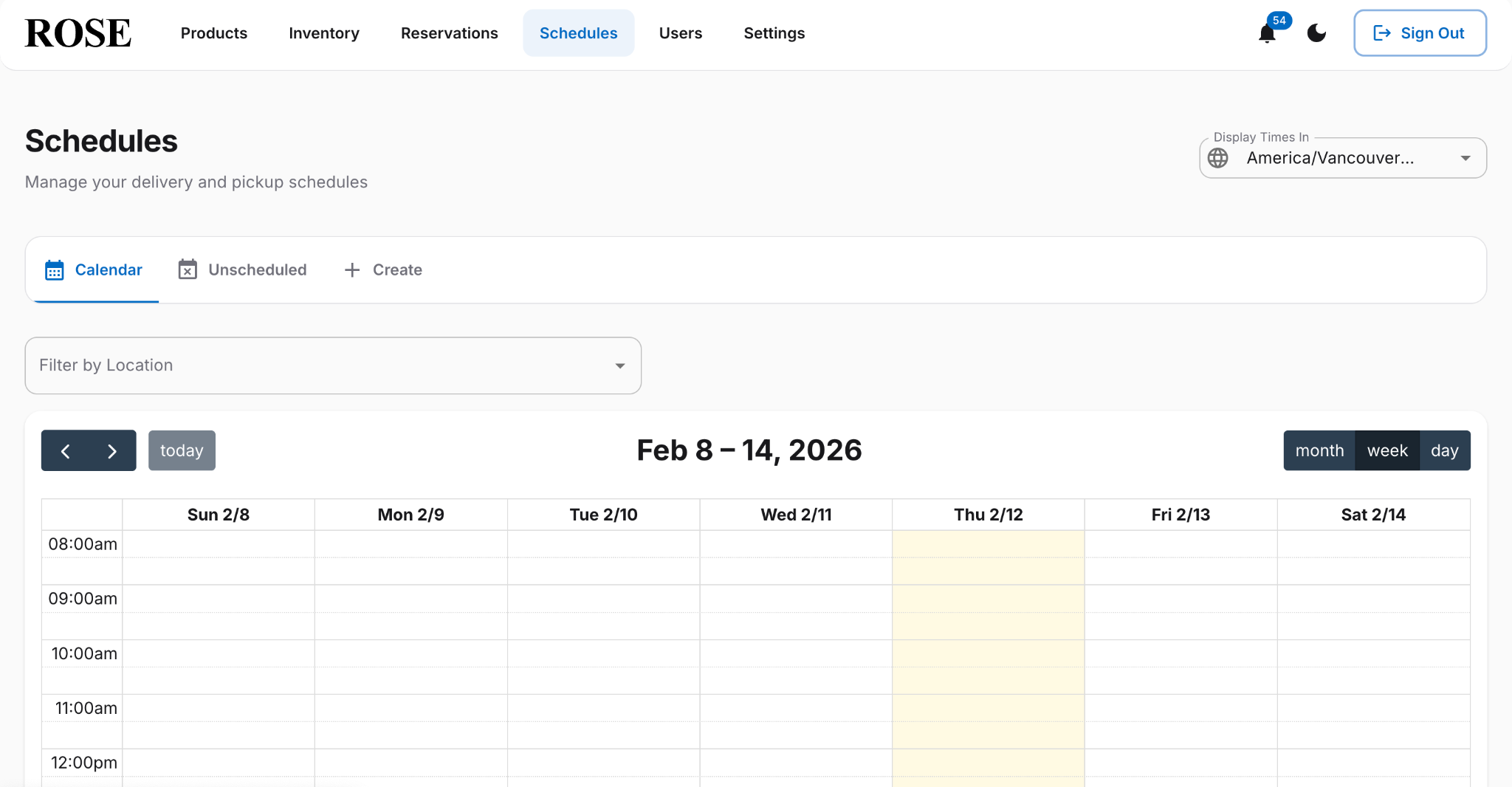 Plenish ROSE Direct — weekly pickup and delivery scheduling calendar